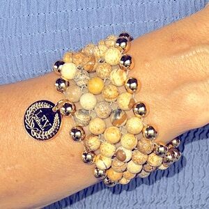 Love From Venus Picture Jasper 7 Row Gold Cuff Bracelet.